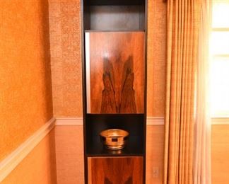 Item 1: Modular China Cabinets: $485 Three pieces, two towers and one cabinet with drawers. Bookmatched rosewood doors and drawers, matte black frame, chromed knobs and door details. Maker unknown