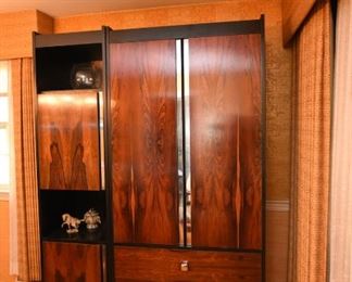 Item 1: Modular China Cabinets: $485 Three pieces, two towers and one cabinet with drawers. Bookmatched rosewood doors and drawers, matte black frame, chromed knobs and door details. Maker unknown