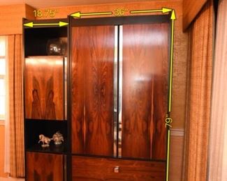Item 1: Modular China Cabinets: $485 Three pieces, two towers and one cabinet with drawers. Bookmatched rosewood doors and drawers, matte black frame, chromed knobs and door details. Maker unknown