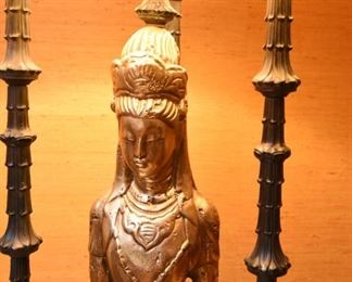 Item 6: In the manner of James Mont monumental lamp: $625 Excellent original condition. A gilt bronze statue of Quan Yin, the Chinese goddess of mercy. Lacquered metal three-column shrine surrounds her. Reverse trefoil plinth base with three segmented cast metal supports.