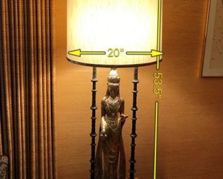 Item 6: In the manner of James Mont monumental lamp: $625 Excellent original condition. A gilt bronze statue of Quan Yin, the Chinese goddess of mercy. Lacquered metal three-column shrine surrounds her. Reverse trefoil plinth base with three segmented cast metal supports.