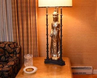 Item 6: In the manner of James Mont monumental lamp: $625 Excellent original condition. A gilt bronze statue of Quan Yin, the Chinese goddess of mercy. Lacquered metal three-column shrine surrounds her. Reverse trefoil plinth base with three segmented cast metal supports.