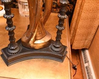 Item 6: In the manner of James Mont monumental lamp: $625 Excellent original condition. A gilt bronze statue of Quan Yin, the Chinese goddess of mercy. Lacquered metal three-column shrine surrounds her. Reverse trefoil plinth base with three segmented cast metal supports.