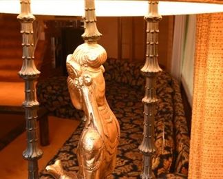 Item 6: In the manner of James Mont monumental lamp: $625 Excellent original condition. A gilt bronze statue of Quan Yin, the Chinese goddess of mercy. Lacquered metal three-column shrine surrounds her. Reverse trefoil plinth base with three segmented cast metal supports.