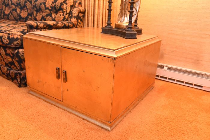 Item 7: Square gold leaf end table cabinet: $225    Finished on all four sides. Very good condition.