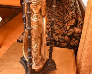 Item 6: In the manner of James Mont monumental lamp: $625 Excellent original condition. A gilt bronze statue of Quan Yin, the Chinese goddess of mercy. Lacquered metal three-column shrine surrounds her. Reverse trefoil plinth base with three segmented cast metal supports.