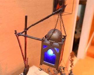 Item 8: Austrian cold painted Orientalist bronze lamp, in the style of Franz Bergman. $1200 No foundry marks or signatures present (green felt removed from base to check). In good condition. Glass appears to be original. One small split in metal on upright - see photo.