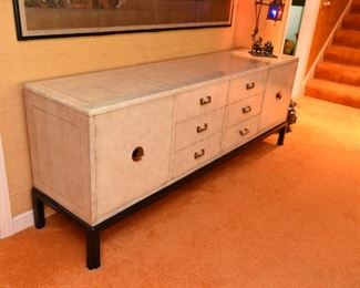 Item 9: Mid-century Asian-inspired credenza: $365 Laminated ivory-tone finish with metallic mottling. Five drawers, two doors. Good condition. Tons of storage.