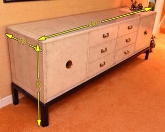 Item 9: Mid-century Asian-inspired credenza: $365 Laminated ivory-tone finish with metallic mottling. Five drawers, two doors. Good condition. Tons of storage.