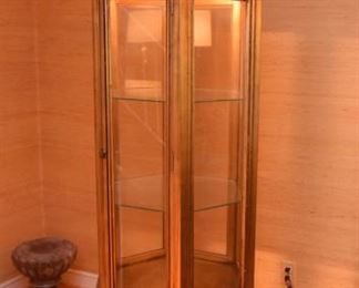 Item 11: Gold leaf six-sided curio cabinet. $225 Wood frame with gold leaf look. All glass panels and shelves are in excellent condition, no chips or cracks. Minor wear. Overall very good condition.