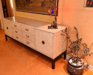 Item 9: Mid-century Asian-inspired credenza: $365 Laminated ivory-tone finish with metallic mottling. Five drawers, two doors. Good condition. Tons of storage.