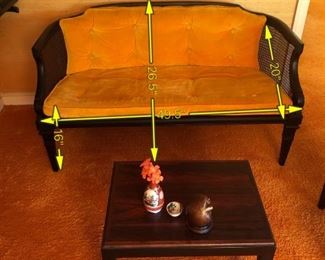 Item 13: Caned side and back chair and bench $260 Painted in black with a refined, but midcentury-appropriate-orange velvet tufted cushions. Some paint loss on caning. Good condition.