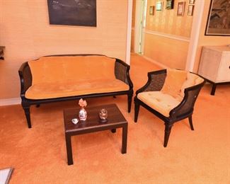 Item 13: Caned side and back chair and bench $260 Painted in black with a refined, but midcentury-appropriate-orange velvet tufted cushions. Some paint loss on caning. Good condition.