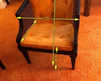Item 13: Caned side and back chair and bench $260 Painted in black with a refined, but midcentury-appropriate-orange velvet tufted cushions. Some paint loss on caning. Good condition.