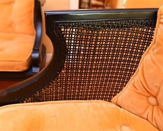 Item 13: Caned side and back chair and bench $260 Painted in black with a refined, but midcentury-appropriate-orange velvet tufted cushions. Some paint loss on caning. Good condition.
