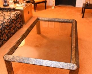 Item 14: Glass top coffee table: $185 Wood frame, painted in drippy metallic paints. Gold, bronze, copper tones. Very good condition