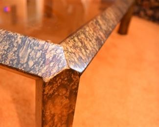 Item 14: Glass top coffee table: $185 Wood frame, painted in drippy metallic paints. Gold, bronze, copper tones. Very good condition