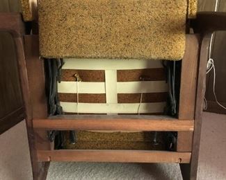 Item 16: Adrian Pearsall for Craft Associates Recliner $385 Highback cushioned recliner upholstered in nubby mustard fabric. Weighted strap headrest present. Reclining mechanism in good working order. Upholstery appears to be in good condition, but the entire chair needs a deep clean to get the dust out.