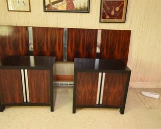 Item 20: Rosewood King Headboard: $225 Rosewood panels separated by recessed chrome strips, surrounded by black laminated wood. Fair condition.