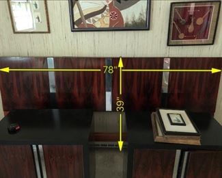 Item 20: Rosewood King Headboard: $225 Rosewood panels separated by recessed chrome strips, surrounded by black laminated wood. Fair condition.