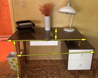 Item 26: Compact Mid Century Desk $245 Tops have wear and white spots. I think they'll come off with some effort. Some paint loss on knobs. White laminate covers all three drawers. Dovetail joints.