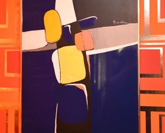 Item 31: Abstract Tina Roy Painting $475 Mixed media on blue synthetic material. Signed top right.