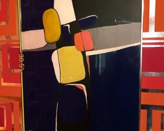 Item 31: Abstract Tina Roy Painting $475 Mixed media on blue synthetic material. Signed top right.