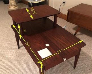 Item 47: Rosewood 2-Tier EndTable with Tiles $70 No marks. The wood is in good condition and will look even better with some proper TLC. White rounded corner tiles are inset into the wood.