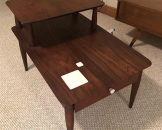 Item 47: Rosewood 2-Tier EndTable with Tiles $70 No marks. The wood is in good condition and will look even better with some proper TLC. White rounded corner tiles are inset into the wood.