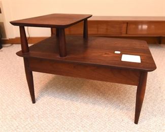 Item 47: Rosewood 2-Tier EndTable with Tiles $70 No marks. The wood is in good condition and will look even better with some proper TLC. White rounded corner tiles are inset into the wood.