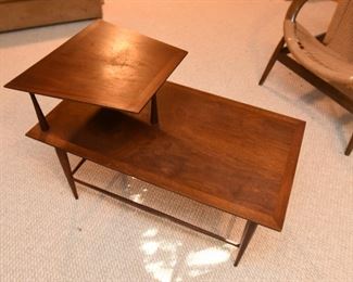 Item 50: Two-tier Rosewood End Table $70 Unmarked end table with particularly slim supports. Wood is in good condition, some minor water damage on surface.