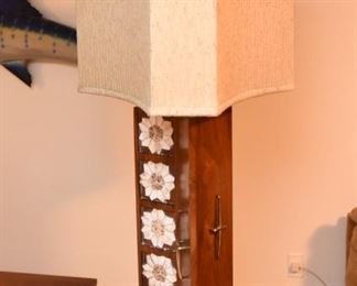 Item 52: Monumental Trefoil Tiled Lamp $135 Tile on "front" panel only, gold-tone hardware on all three wings. Original trefoil shade. Good condition.