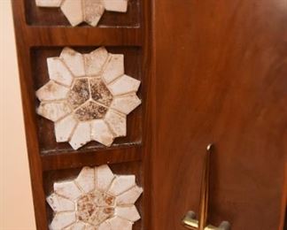 Item 52: Monumental Trefoil Tiled Lamp $135 Tile on "front" panel only, gold-tone hardware on all three wings. Original trefoil shade. Good condition.