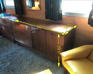 Item 60: American of Martinsville Double Dresser $185 Louvered drawer fronts, doors open to reveal more drawers. Fair condition. Deep marks on top surface, some dry spots.