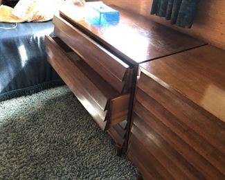 Item 61: American of Martinsville Single Dresser $125 Louvered drawer fronts. Fair condition. As with the matching double dresser, deep marks and wear on the top surface.