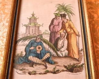 Item 68: Set of 3 Italian Orientalist Hand Colored Etchings $36 Each is in a 5x7 frame.