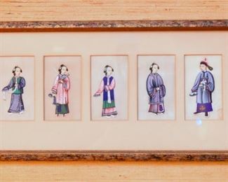 Item 71: Five Minature Chinese Figures $85 Hand-painted on parchement. Color is rich and vibrant. Some damage on right-most potrait as shown.