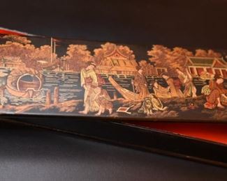 Item 72: Black lacquered box with Japanese scene. $24 Red lacquered interior. 12" x 4" x 1.75"