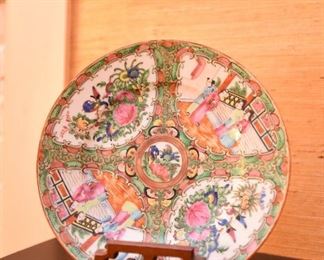 ITEM 74; Famille Rose Plate with Stand $15 No chips or cracks. Marked "China" on back.