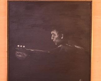 ITEM 82: Dramatic black and white painting $70 Image of man playing guitar; looks like Bob Dylan to me.