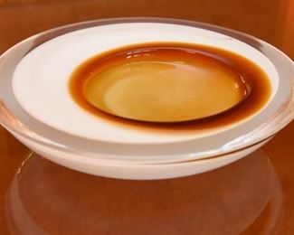 ITEM 88: Glass Egg Yolk Bowl $24 Art glass dish, probably Murano. Yellow shallow recessed bowl surrounded by white and clear glass. Ground glass bottom. Unsigned.