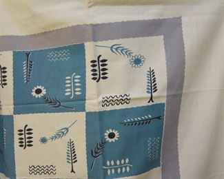 ITEM 104: Vintage Blue White Checker with Lavender Border Table cloth $20 66" x 72" Some stains, as shown.