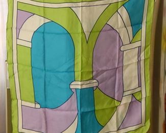 ITEM 106: Vintage Scarf $10 Tag removed. 27" square. Lime green, lavender and blue. Some color bleed as shown.