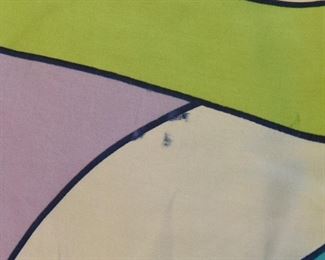 ITEM 106: Vintage Scarf $10 Tag removed. 27" square. Rolled hem edge. Lime green, lavender and blue. Some color bleed as shown.