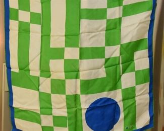 Item 107: Vintage Vera Green Squares and Blue Circle Scarf $10 Some discoloration and color bleed as shown. 27" square