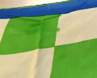 Item 107: Vintage Vera Green Squares and Blue Circle Scarf $10 Some discoloration and color bleed as shown. 27" square
