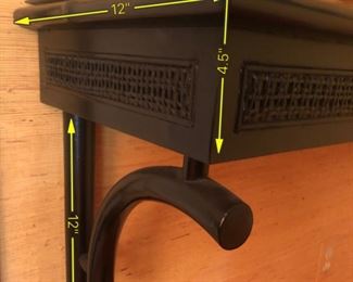 ITEM 115: Wall-mount black shelf $55 Faux bamboo trim, caned-look front panels. One drawer. Laminate on top is lifting on back left corner. Easily fixed with wood glue, a clamp, and 24 hours.