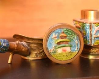 ITEM 117: Small Enameled Brass Chinese Objects $22 Enameled handle scoop - probably an ashtray. Small enameled container with lid.