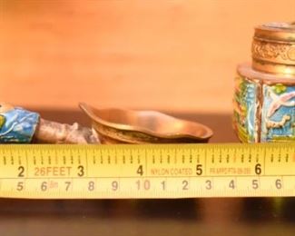 ITEM 117: Small Enameled Brass Chinese Objects $22 Enameled handle scoop - probably an ashtray. Small enameled container with lid.
