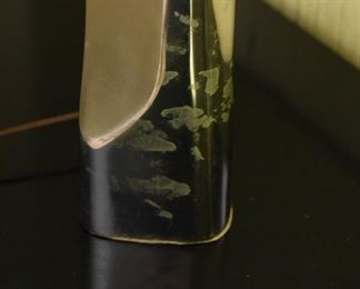ITEM 128: Unmarked Chrome Lamp $25 Brushed and polished chrome contrast on this towering lamp. There is something on the chrome that does not come off with a damp cloth. Priced low so you feel better about taking a risk on this.